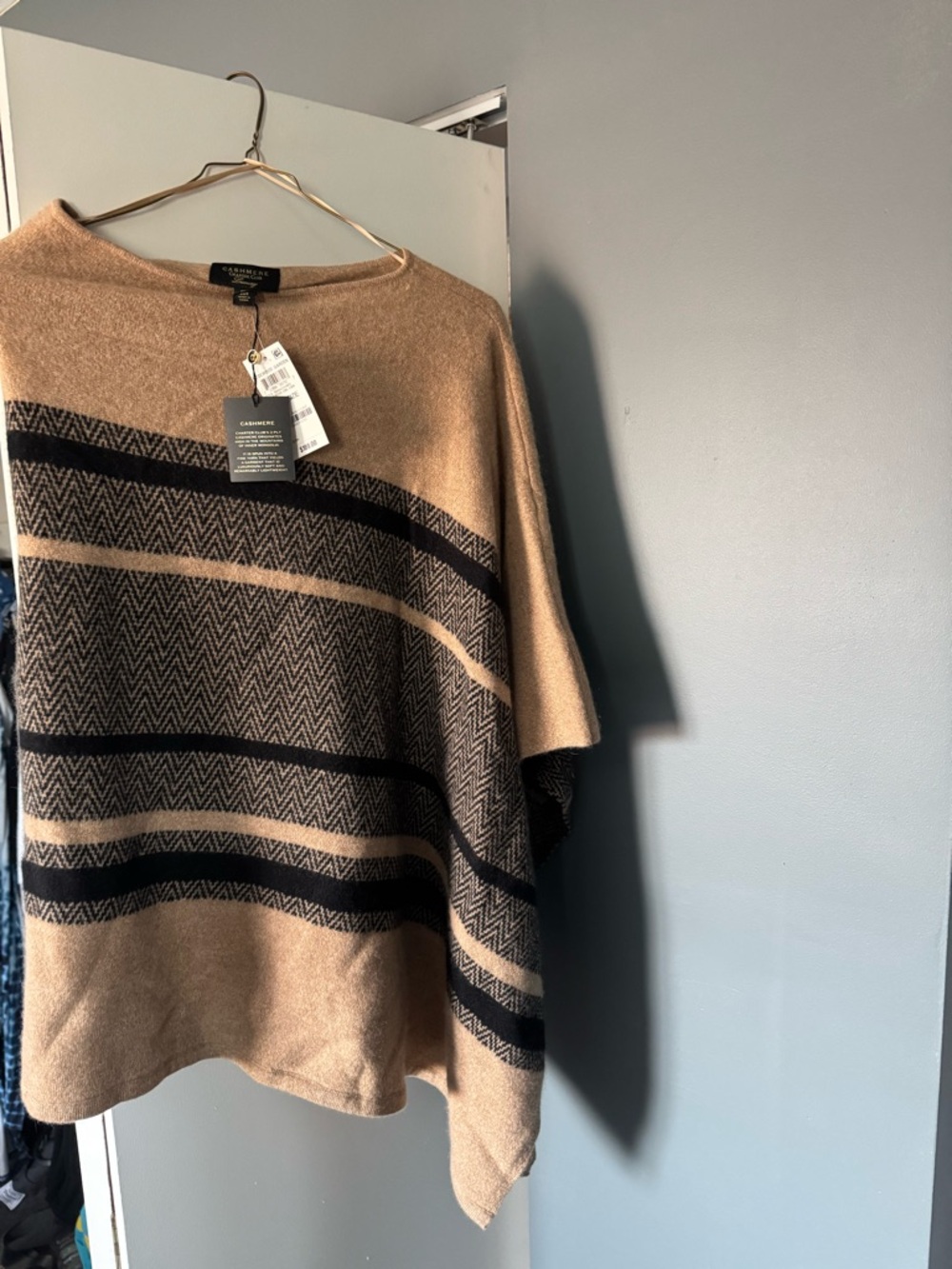 Charter Club Cashmere Poncho in Camel with Black Stripes